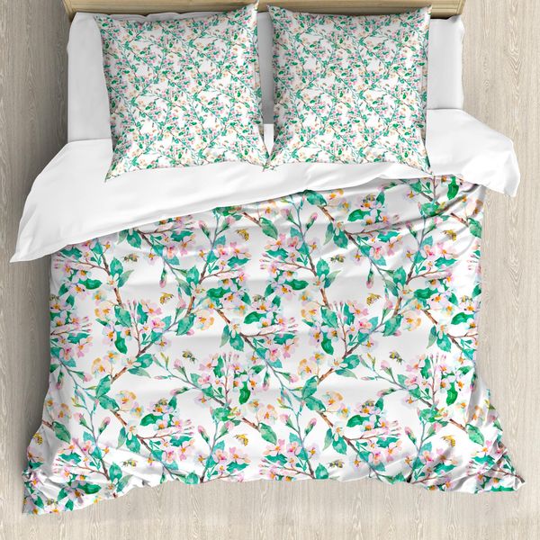 Abakuhaus Copripiumino Con Motivi Floreali, Fiori Primaverili Giapponesi, Antiacaro, Adatto A Chi Soffre Di Allergie, Con Federe, 200 Cm X 200 Cm - 80 X 80 Cm, Rosa-Verde-image