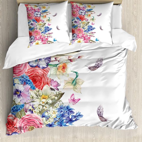 Abakuhaus Set Copripiumino Per Letti Matrimoniali, Fiori Vivaci Naturali, Antiacaro, Adatto A Chi Soffre Di Allergie, Con Federe, Rosa E Blu-image