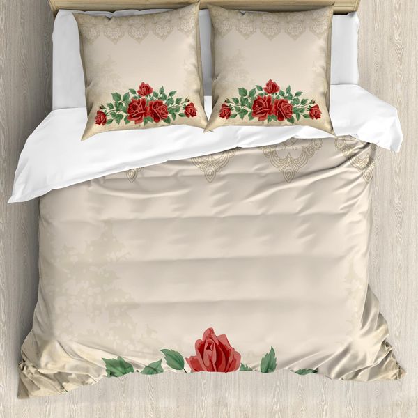 Abakuhaus Copripiumino Shabby Flora, Rose Rosse Vintage, Antiacaro, Adatto A Chi Soffre Di Allergie, Con Federe, 200 Cm X 200 Cm - 80 X 80 Cm, Beige Verde-image