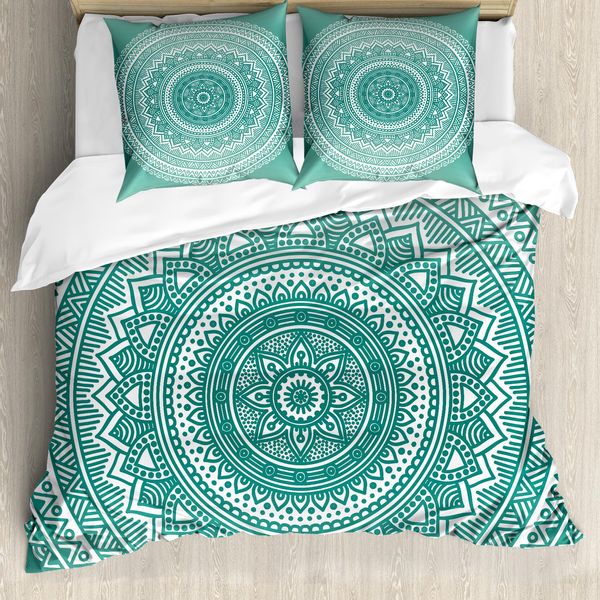 Abakuhaus Copripiumino Teal Ombre, Mandala Boho Stripes, Antiacaro E Anallergico, Con Federe, 200 Cm X 200 Cm - 80 X 80 Cm, Verde Acqua E Bianco-image