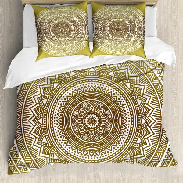 Abakuhaus Copripiumino Mandala, Ombre Mandala-Fiore, Antiacaro Adatto A Chi Soffre Di Allergie Con Federe, 200 Cm X 200 Cm - 80 X 80 Cm, Senape E Bianco-image