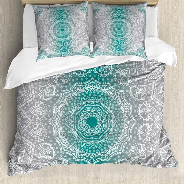 Abakuhaus Copripiumino Grigio E Verde Acqua, Motivo Mandala Occulto, Antiacaro, Adatto A Chi Soffre Di Allergie, Con Federe, 155 Cm X 220 Cm - 80 X 80 Cm, Verde Acqua Grigio-image