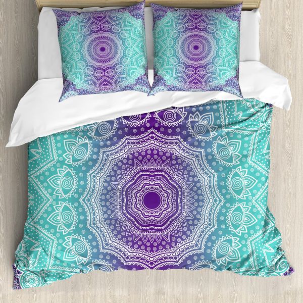 Abakuhaus Copripiumino Viola E Turchese, Elaborato Stile Hippie, Antiacaro, Adatto A Chi Soffre Di Allergie, Con Federe, 200 Cm X 200 Cm - 80 X 80 Cm, Viola Acquamarina-image