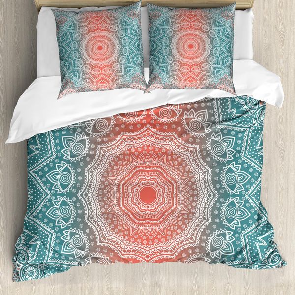 Abakuhaus Copripiumino Coral E Teal, Mandala Moderno, Antiacaro, Adatto A Chi Soffre Di Allergie, Con Federe, 200 Cm X 200 Cm - 80 X 80 Cm, Coral Teal-image