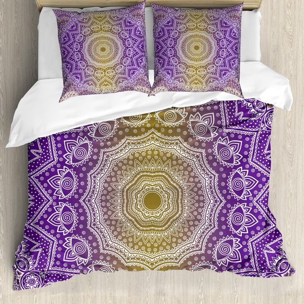 Abakuhaus Copripiumino Giallo E Viola, Mandala Ombre, Antiacaro, Adatto A Chi Soffre Di Allergie, Con Federe, 200 Cm X 200 Cm - 80 X 80 Cm, Viola-image