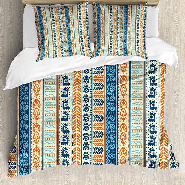 Abakuhaus Set Copripiumino Tribale Per Letti Matrimoniali, Motivi Etnici Vintage, Antiacaro, Adatto A Chi Soffre Di Allergie, Con Federe, Blu-image