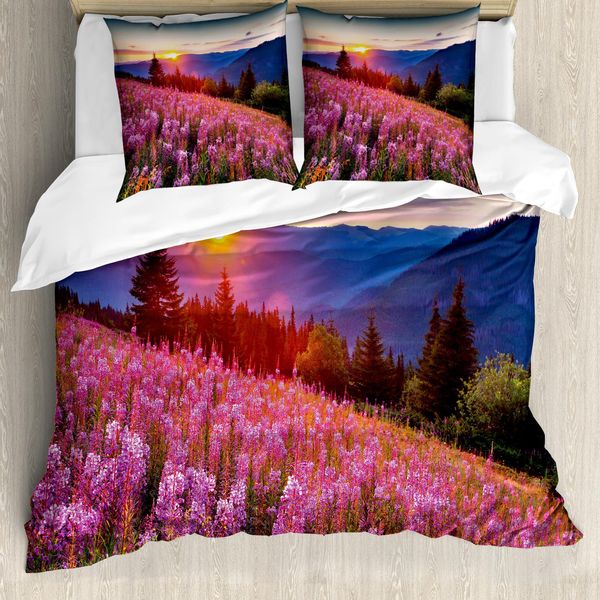 Abakuhaus Set Copripiumino Per Letti Matrimoniali, Montagne Primaverili Con Fiori, Antiacaro, Adatto A Chi Soffre Di Allergie, Con Federe, Rosa E Blu-image