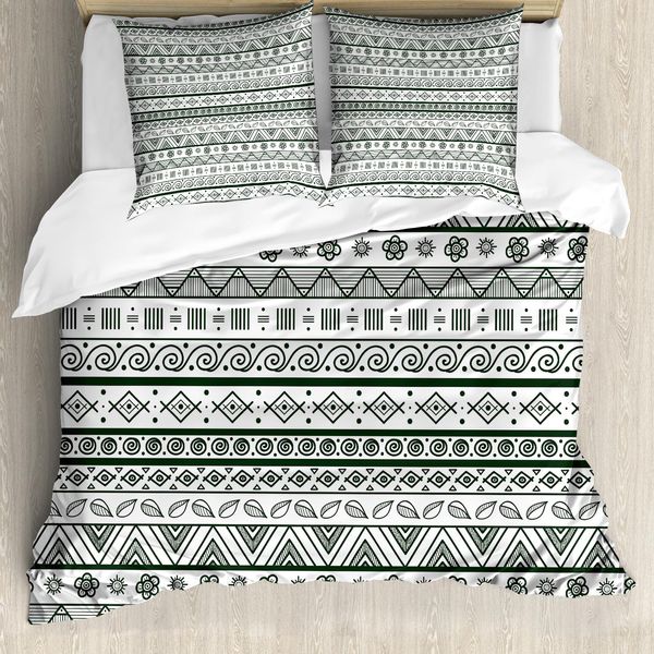 Abakuhaus Set Copripiumino Tribale Per Letti Matrimoniali, Motivi Aztechi, Antiacaro, Adatto A Chi Soffre Di Allergie, Con Federe, Verde Cacciatore Bianco-image