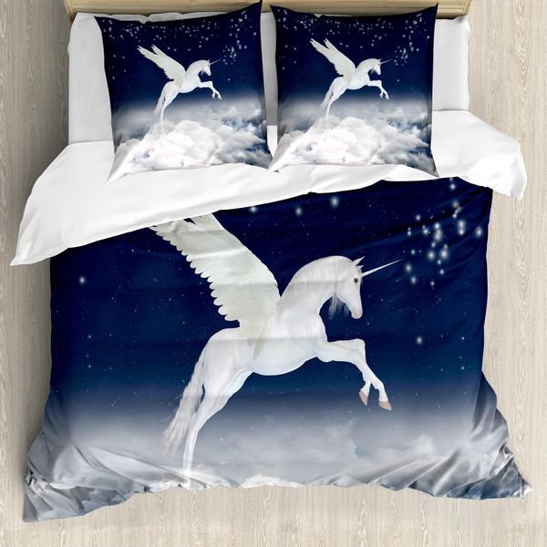 Abakuhaus Copripiumino Fantasia, Unicorno, Antiacaro, Adatto A Chi Soffre Di Allergie, Con Federe, 155 Cm X 220 Cm - 80 X 80 Cm, Bianco Blu-image