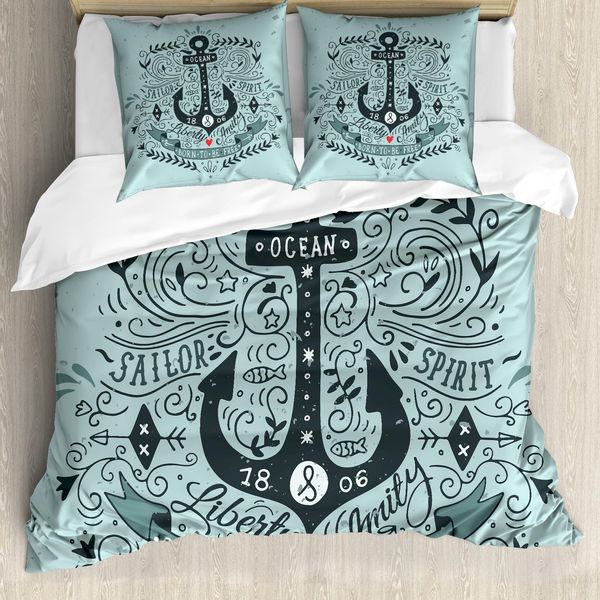 Abakuhaus Copripiumino Marine, Vintage And Anchor, Antiacaro E Anallergico, Con Federe, 155 Cm X 220 Cm - 80 X 80 Cm, Turchese-image