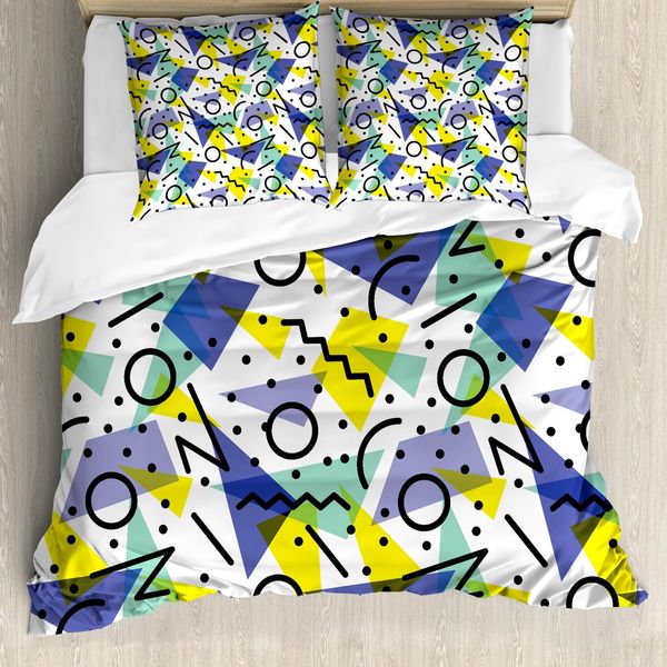 Abakuhaus Copripiumino Moderno, Tema Geometrico Retrò, Antiacaro, Adatto A Chi Soffre Di Allergie, Con Federe, 155 Cm X 220 Cm - 80 X 80 Cm, Blu, Giallo E Nero-image
