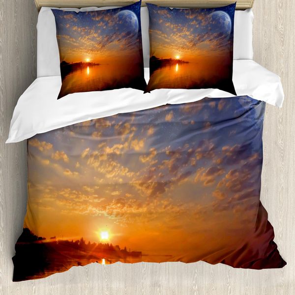 Abakuhaus Copripiumino, Skyline Con Pianeti Sun, Antiacaro, Adatto A Chi Soffre Di Allergie, Con Federe, 200 Cm X 200 Cm - 80 X 80 Cm, Arancione Blu-image