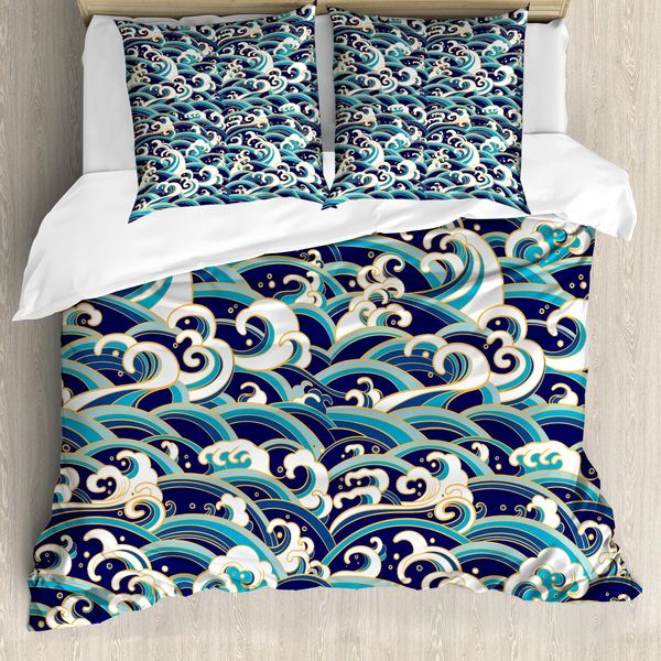 Abakuhaus Copripiumino Nautico, Motivo Onde Oceaniche, Resistente All'acqua, Lavabile, Colori Che Non Stingono, Personalizzato, 155 Cm X 220 Cm - 80 X 80 Cm, Blu E Bianco-image