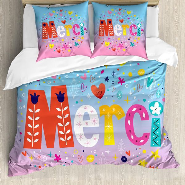 Abakuhaus Copripiumino Francese, Parole Francesi Con Cuori, Antiacaro, Adatto A Chi Soffre Di Allergie, Con Federe, 155 Cm X 220 Cm - 80 X 80 Cm, Multicolore-image