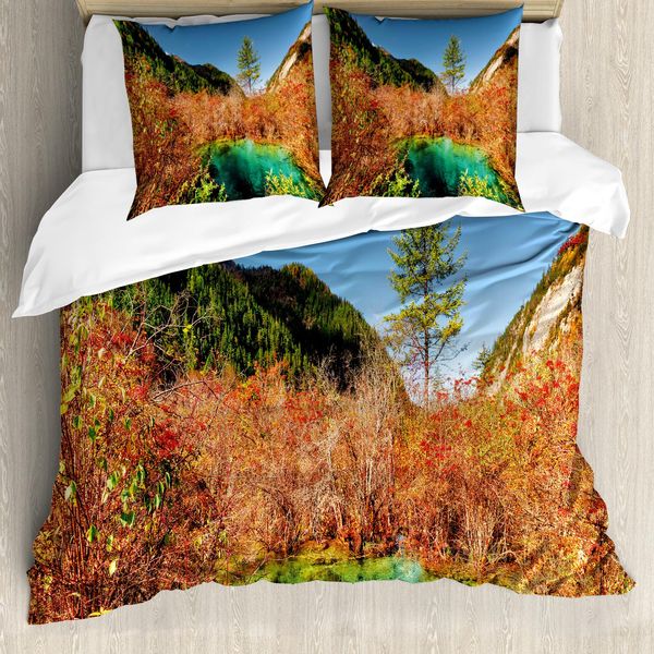 Abakuhaus Copripiumino Naturale, Idilliaca Stagione Autunnale, Antiacaro Adatto A Chi Soffre Di Allergie Con Federe, 200 Cm X 200 Cm - 80 X 80 Cm, Verde Giallo-image