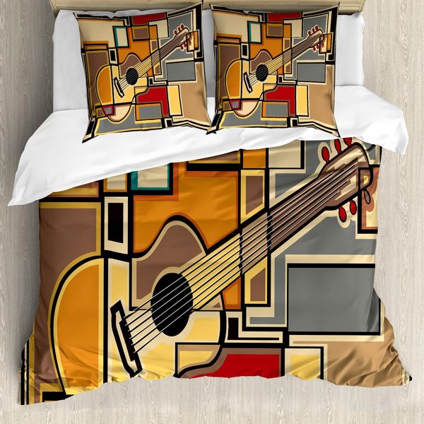 Abakuhaus Copripiumino Musicale, Chitarra Geometrica Funky, Antiacaro, Adatto A Chi Soffre Di Allergie, Con Federe, 200 Cm X 200 Cm - 80 X 80 Cm, Multicolore-image