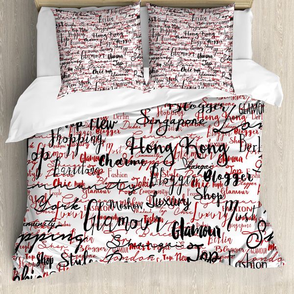 Abakuhaus Copripiumino Moderno, Parole Alla Moda, Antiacaro, Adatto A Chi Soffre Di Allergie, Con Federe, 200 Cm X 200 Cm - 80 X 80 Cm, Rosso, Nero E Bianco-image