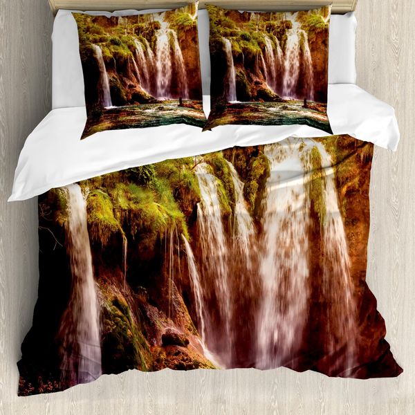 Abakuhaus Copripiumino Naturale, Cascata Bosco Alberi, Antiacaro, Adatto A Chi Soffre Di Allergie, Con Federe, 155 Cm X 220 Cm - 80 X 80 Cm, Verde E Marrone-image