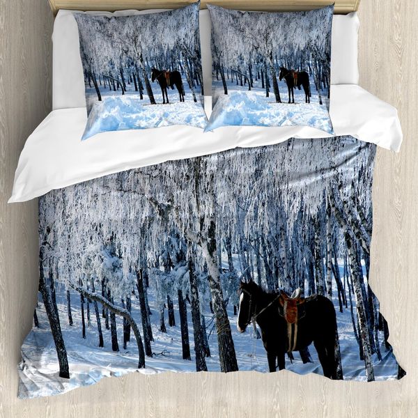 Abakuhaus Set Copripiumino Per Letti Matrimoniali, Tema Foresta Invernale, Antiacaro, Adatto A Chi Soffre Di Allergie, Con Federe, Bianco Marrone-image