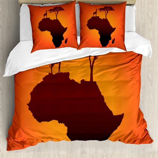 Abakuhaus Copripiumino Africano, Mappa Safari Con Continente, Antiacaro, Adatto A Chi Soffre Di Allergie, Con Federe, 155 Cm X 220 Cm - 80 X 80 Cm, Arancione E Marrone-image