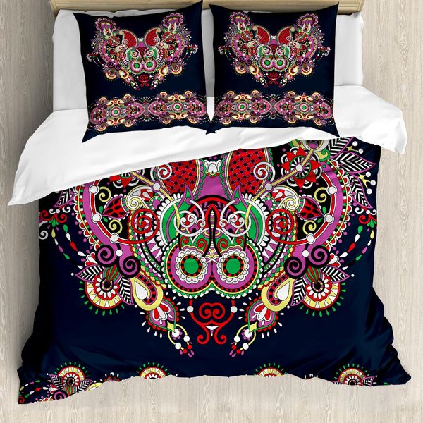Abakuhaus Set Copripiumino Etnico Per Letti Matrimoniali, Motivi Paisley Artistici, Antiacaro, Adatto A Chi Soffre Di Allergie, Con Federe, Grigio Scuro E Viola-image