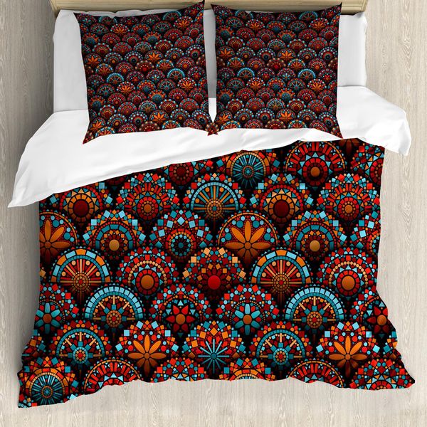 Abakuhaus Copripiumino Mandala, Motivi Floreali Geometrici, Antiacaro, Adatto A Chi Soffre Di Allergie, Con Federe, 200 Cm X 200 Cm - 80 X 80 Cm, Arancione Scarlatto E Blu-image