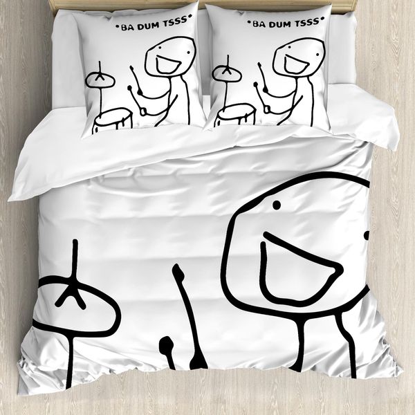 Abakuhaus Copripiumino Umoristico, Badumts Drum Meme Comics, Antiacaro, Adatto A Chi Soffre Di Allergie, Con Federe, 200 Cm X 200 Cm - 80 X 80 Cm, Bianco E Nero-image