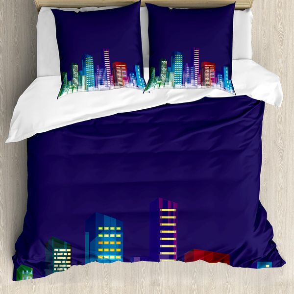 Abakuhaus Copripiumino Per Asilo Nido, Cartoni Animati Della Città Di Notte, Antiacaro, Adatto A Chi Soffre Di Allergie, Con Federe, 200 Cm X 200 Cm - 80 X 80 Cm, Multicolore-image