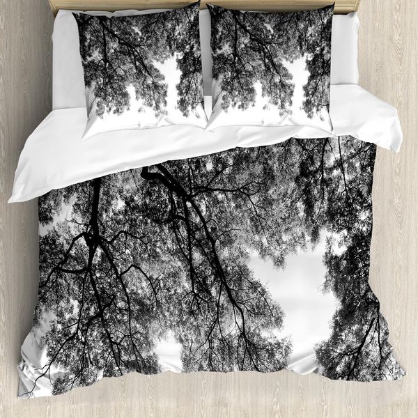 Abakuhaus Copripiumino Naturale, Rami E Foglie, Antiacaro, Adatto A Chi Soffre Di Allergie, Con Federe, 200 Cm X 200 Cm - 80 X 80 Cm, Bianco E Nero-image