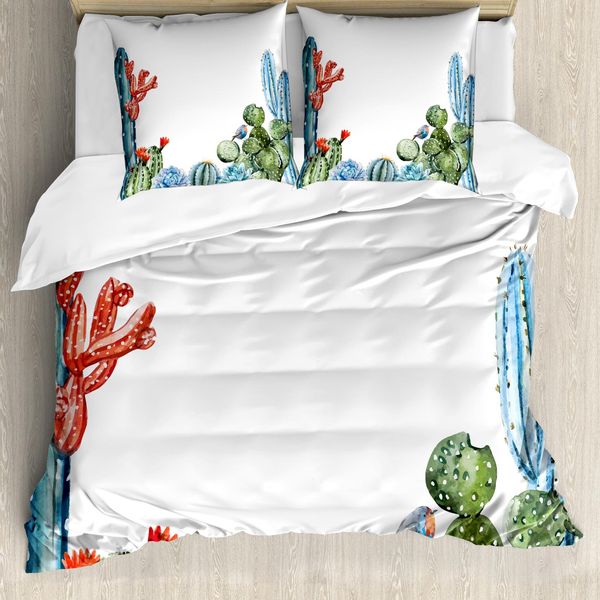 Abakuhaus Copripiumino Cactus, Fiori Di Cactus E Uccelli, Antiacaro, Adatto A Chi Soffre Di Allergie, Con Federe, 200 Cm X 200 Cm - 80 X 80 Cm, Verde E Blu-image