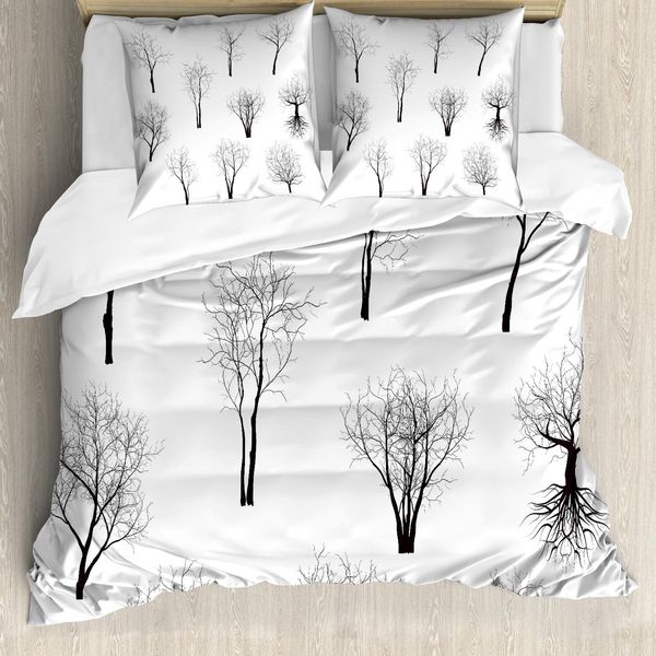 Abakuhaus Set Copripiumino Inquietante Per Letti Matrimoniali, Rami Di Alberi Della Foresta, Antiacaro, Adatto A Chi Soffre Di Allergie, Con Federe, Bianco E Nero-image