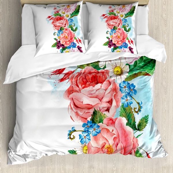 Abakuhaus Copripiumino Con Motivo Floreale, Rose E Margherite In Giardino, Antiacaro E Anallergico, Con Federe, 200 Cm X 200 Cm - 80 X 80 Cm, Multicolore-image