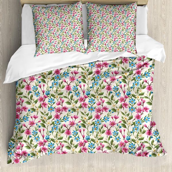 Abakuhaus Copripiumino Con Motivo Floreale, Foglie Shabby E Boccioli, Antiacaro E Anallergico, Con Federe, 200 Cm X 200 Cm - 80 X 80 Cm, Rosa E Blu-image