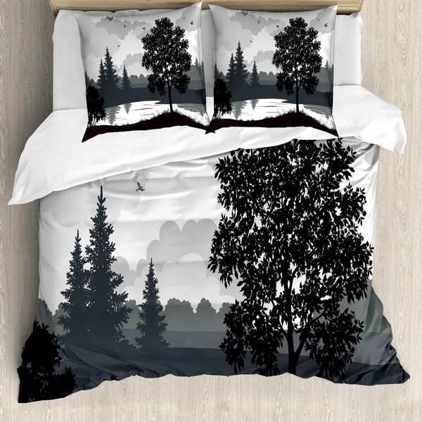 Abakuhaus Copripiumino Naturale, Alberi, Uccelli, Cielo Nuvoloso, Antiacaro, Adatto A Chi Soffre Di Allergie, Con Federe, 200 Cm X 200 Cm - 80 X 80 Cm, Nero E Grigio-image