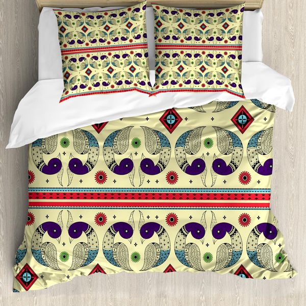 Abakuhaus Copripiumino Tribale, Motivo Pavone, Antiacaro, Adatto A Chi Soffre Di Allergie, Con Federe, 200 Cm X 200 Cm - 80 X 80 Cm, Color Crema E Viola-image