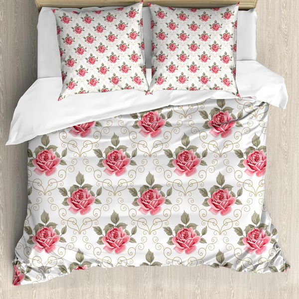 Abakuhaus Copripiumino Con Motivo Floreale, Romantico Motivo Shabby, Antiacaro E Anallergico, Con Federe, 155 Cm X 220 Cm - 80 X 80 Cm, Rosa E Verde-image