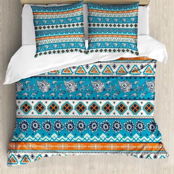 Abakuhaus Copripiumino Tribale, Motivo Floreale Azteco, Antiacaro E Anallergico Con Federe, 200 Cm X 200 Cm - 80 X 80 Cm, Blu, Arancione E Bianco-image