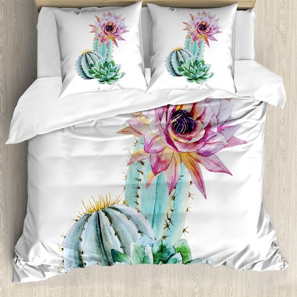 Abakuhaus Set Copripiumino Per Letti Matrimoniali, Motivo Acquerellato Con Fiori Di Cactus, Antiacaro E Anallergico, Con Federe, Bianco E Multicolore-image