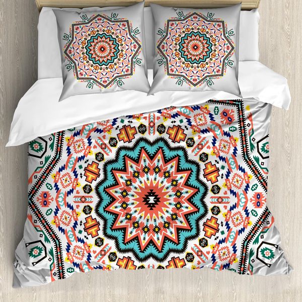 Abakuhaus Copripiumino Tribale, Stile Astratto Sun Aztec, Antiacaro E Anallergico, Con Federe, 200 Cm X 200 Cm - 80 X 80 Cm, Turchese E Corallo-image