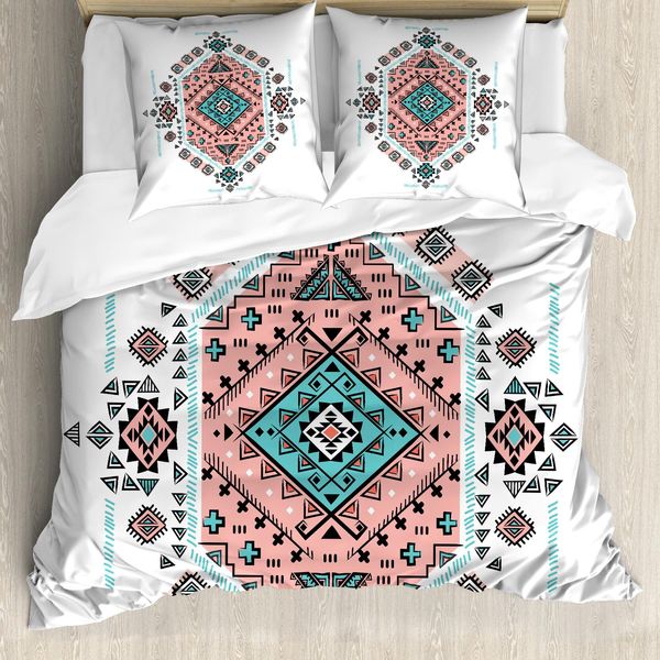 Abakuhaus Copripiumino Tribale, Design Aztec India, Antiacaro E Anallergico, Con Federe, 200 Cm X 200 Cm - 80 X 80 Cm, Verde Acqua E Rosa Corallo-image