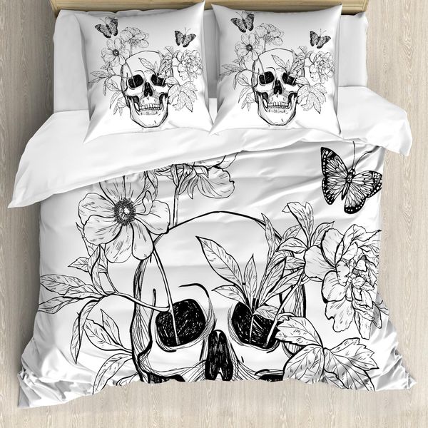Abakuhaus Giorno Dei Morti Copripiumino, Teschi Farfalle, Antiacaro Adatto A Chi Soffre Di Allergie Con Federe, 155 Cm X 220 Cm - 80 X 80 Cm, Bianco E Nero-image