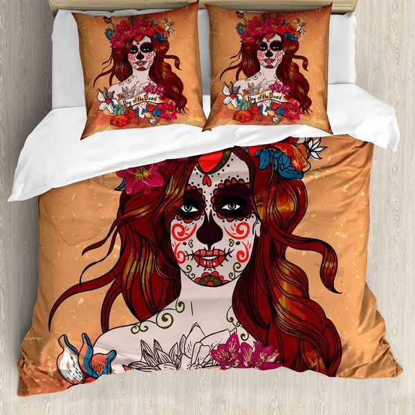 Abakuhaus Giorno Dei Morti Copripiumino, Teschi Messicani, Antiacaro, Adatto A Chi Soffre Di Allergie, Con Federe, 155 Cm X 220 Cm - 80 X 80 Cm, Cannella Magenta Marrone Rossiccio-image