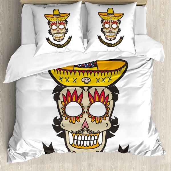 Abakuhaus Giorno Dei Morti Copripiumino, Teschi Con Sombrero, Antiacaro, Adatto A Chi Soffre Di Allergie, Con Federe, 155 Cm X 220 Cm - 80 X 80 Cm, Bianco Avorio E Giallo-image