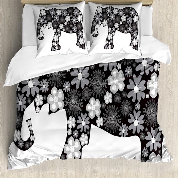 Abakuhaus Copripiumino Per Animali Domestici, Motivo Floreale Con Elefanti, Antiacaro, Adatto A Chi Soffre Di Allergie, Con Federe, 155 Cm X 220 Cm - 80 X 80 Cm, Grigio Bianco-image