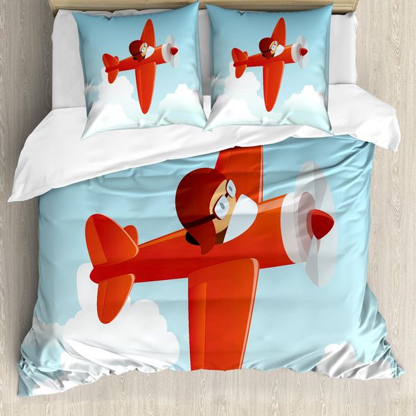 Abakuhaus Copripiumino Aereo, Aereo, Nuvole, Antiacaro, Adatto A Chi Soffre Di Allergie, Con Federe, 155 Cm X 220 Cm - 80 X 80 Cm, Arancione E Blu-image