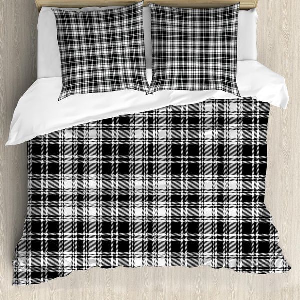 Abakuhaus Copripiumino Astratto, Motivo Tartan Britannico, Antiacaro, Adatto A Chi Soffre Di Allergie, Con Federe, 155 Cm X 220 Cm - 80 X 80 Cm, Bianco E Nero-image