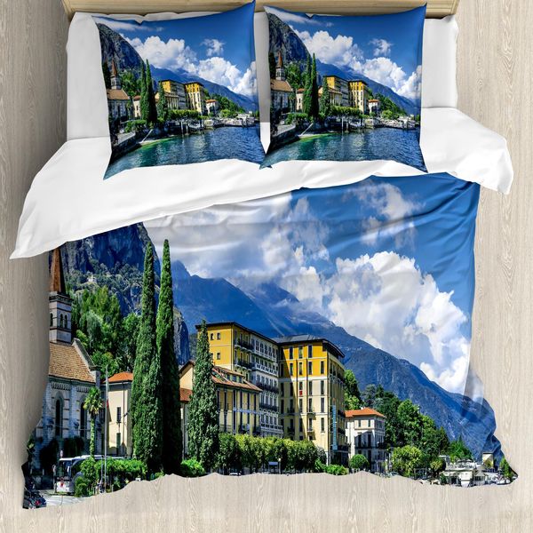 Abakuhaus Italia Copripiumino, Paesaggio Del Lago Di Como, Antiacaro Adatto A Chi Soffre Di Allergie Con Federe, 200 Cm X 200 Cm - 80 X 80 Cm, Blu E Verde-image