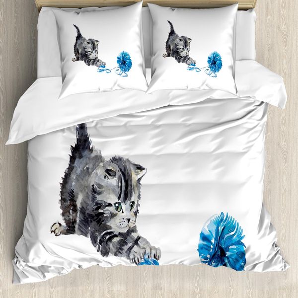 Abakuhaus Copripiumino Gatto, Giocoso Gattino Peloso, Antiacaro, Adatto A Chi Soffre Di Allergie, Con Federe, 155 Cm X 220 Cm - 80 X 80 Cm, Grigio Blu-image