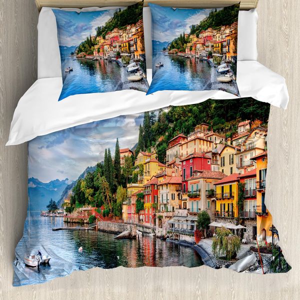 Abakuhaus Italia Set Copripiumino Per Letti Matrimoniali, Foto Di Case Italiane, Antiacaro, Adatto A Chi Soffre Di Allergie, Con Federe, Multicolore-image