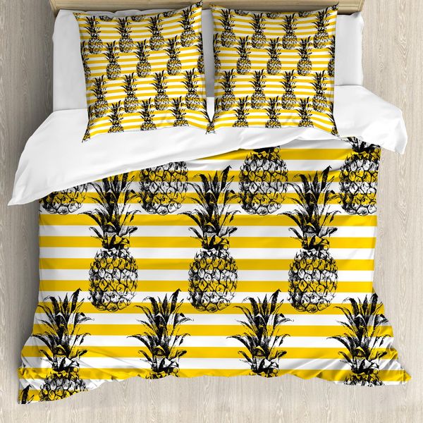 Abakuhaus Copripiumino Grunge, Motivo A Righe Retrò Vintage, Antiacaro E Anallergico, Con Federe, 155 Cm X 220 Cm - 80 X 80 Cm, Nero E Giallo Terra-image